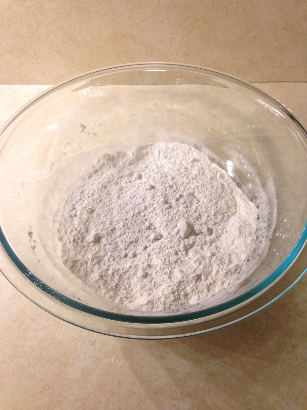 Mix together flour, sugars, baking powder, and salt