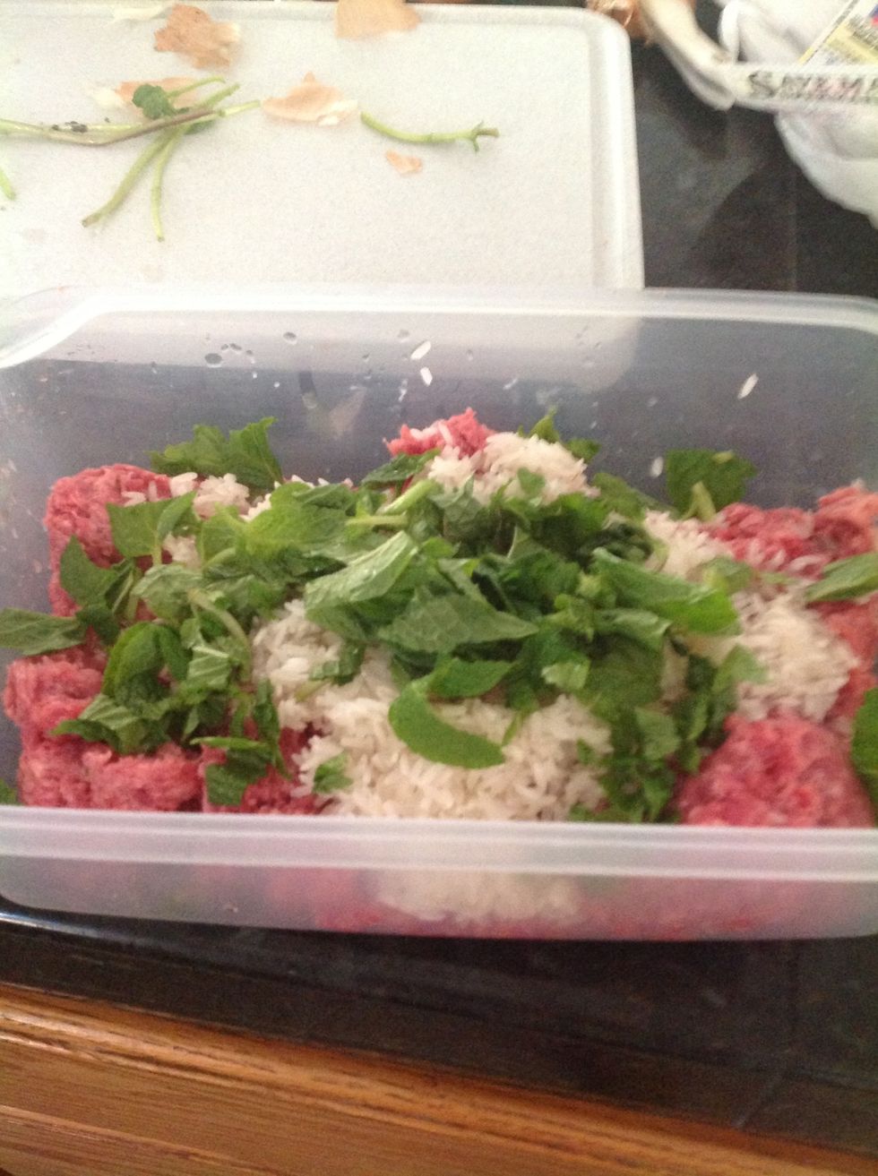 Mix together ground beef, egg, mint, and rice
