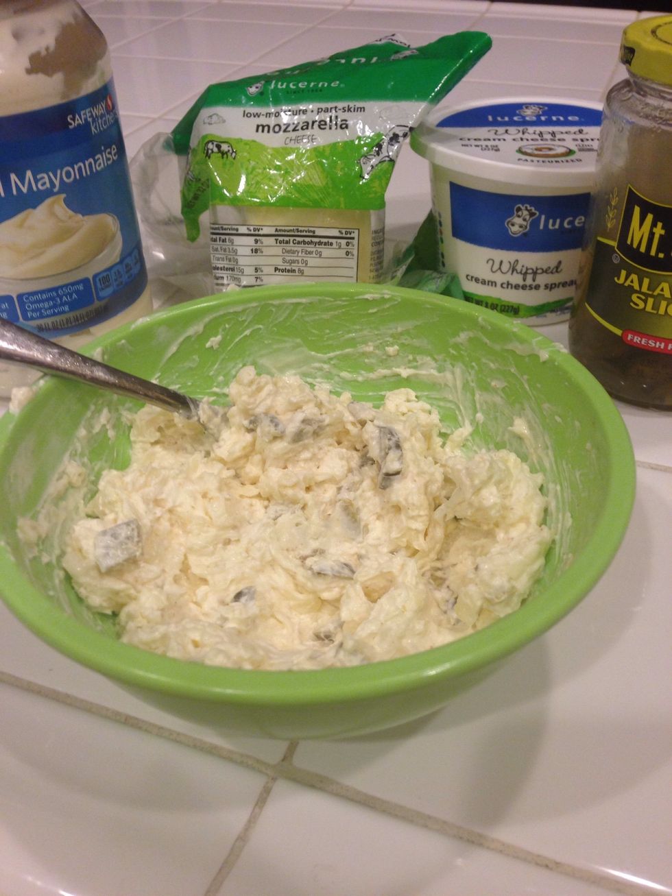 Mix together ingredients 2-5 (pictured). The mayonnaise should give it a consistency that's easy to work with, as well as the cream cheese being whipped. Add garlic powder and salt to taste.