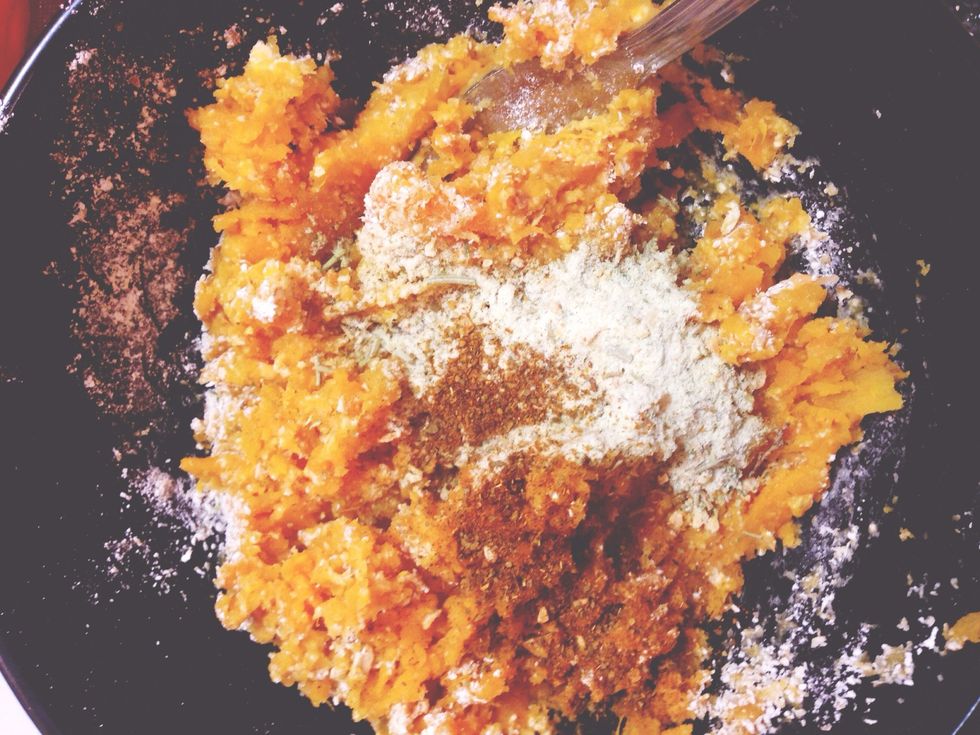 Mix together mashed sweet potato, processed oats (i added some garlic and cajun spice also)