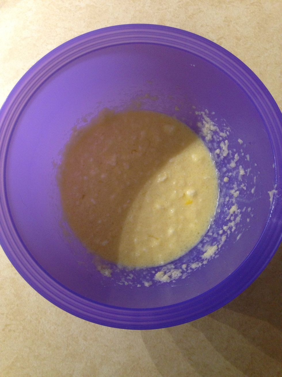 Mix together melted butter, eggs, milk, and vanilla