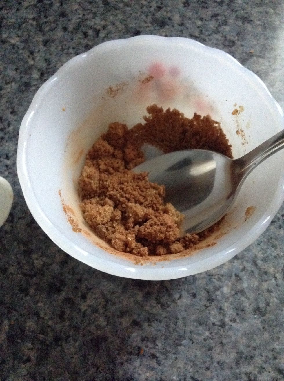 Mix together the dry ingredients. Try to get rid of clumps by crushing them with your spoon.