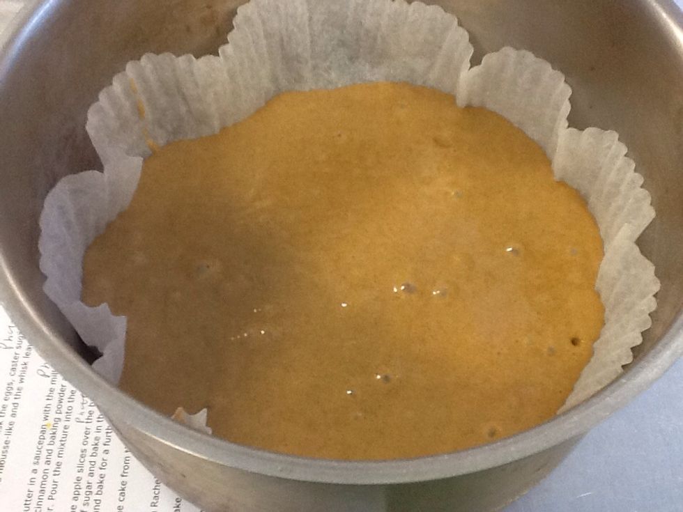 Mix together the eggs and flour to make a smooth cake mixture with no lumps in it and pour into a lined cake tin