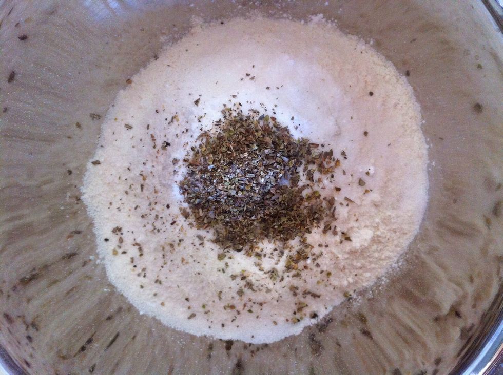 Mix together the flour , baking powder and a pinch of salt. I chose to add oregano and fried onion as seasoning.