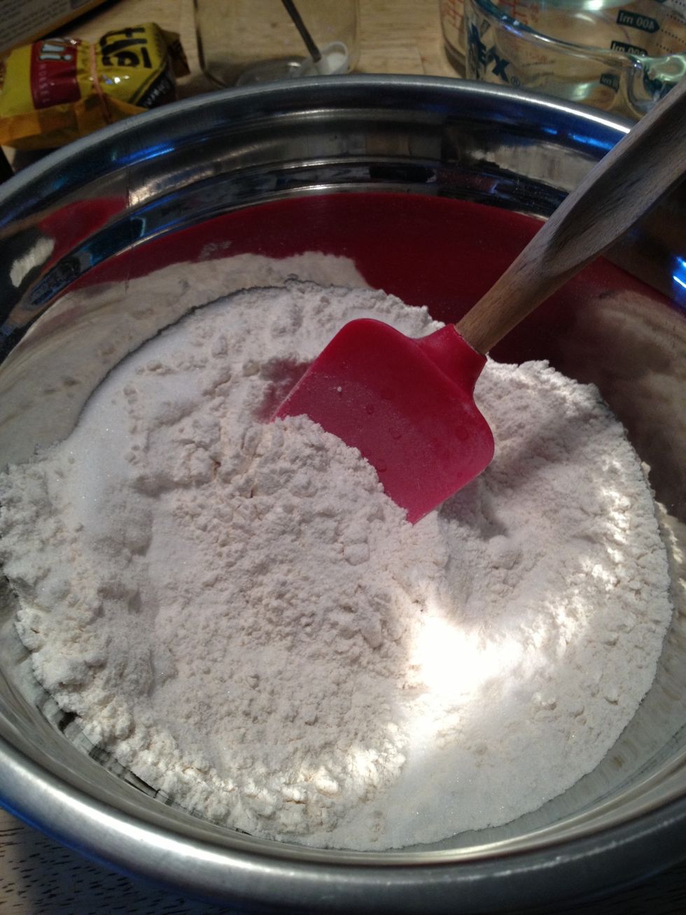 Mix together the flour, baking powder, baking soda, salt and sugar.  Mix it up!  Remember; baking is like science, measure correctly!