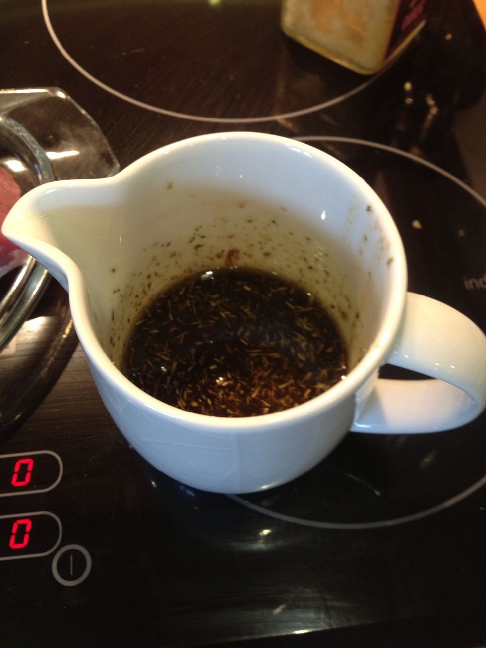 Mix together the oils, herbs and garlic ( I use a Jamie Oliver Flavour Shaker). Pour contents into a jug