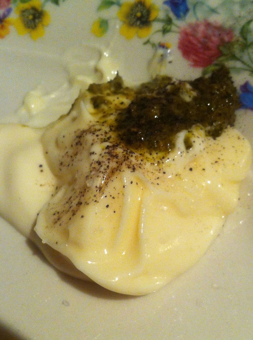 Mix together the pesto and mayonnaise, here I've made a smaller serving. As long as the ratio is around 1 part pesto to 4 parts mayo larger quantities will work. Add salt and pepper