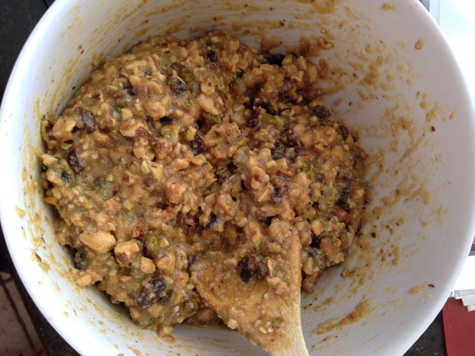 Mix together then add raisins and mix again.