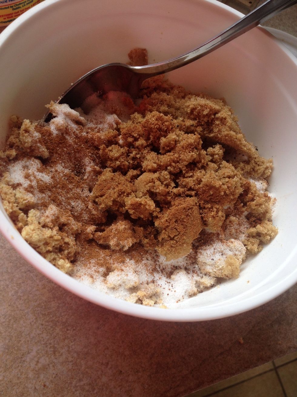 Mix together then empty into a bowl. Add brown sugar, sugar, cinnamon and nutmeg to taste.