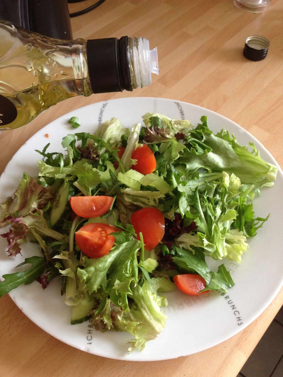 Mix together with the mixed leaf salad and drizzle olive oil over the salad