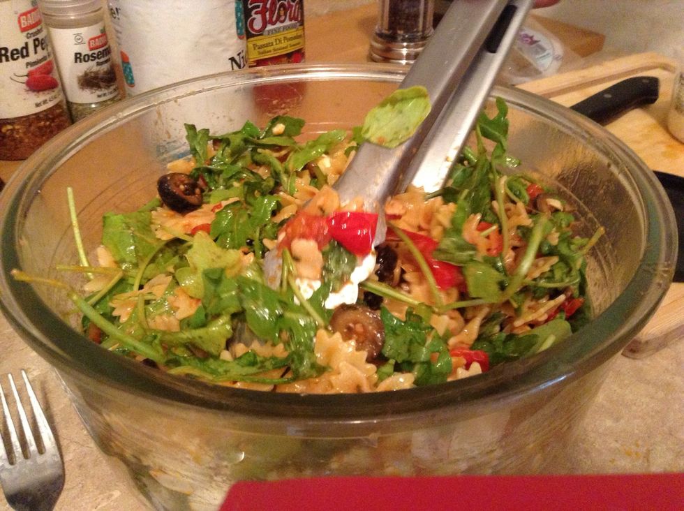 Mix together - your pasta is ready! Serve warm or chill gently and serve outdoors on a hot August day!