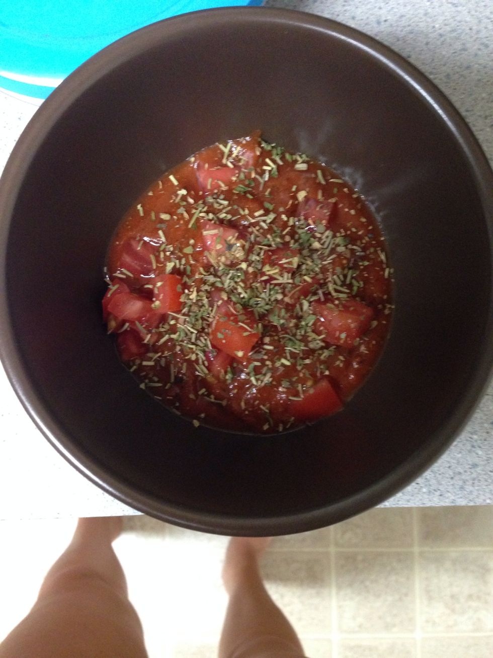 mix tomato sauce, fresh diced tomatoes and spices.