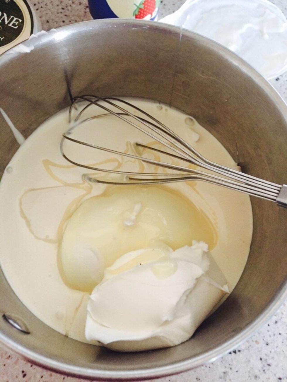 Mix two double cream and add a little bit of carnation caramel in depends how sweet you want it and also add the whole of Mascarpone