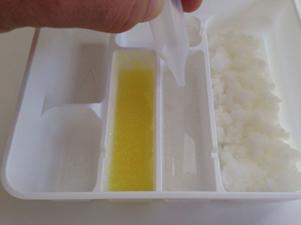 Mix until All Powder Dissolves- DO NOT REMOVE-This is like a Jelly that needs to set -Then Add Water to the Line in the next Tray to use for making the Tuna