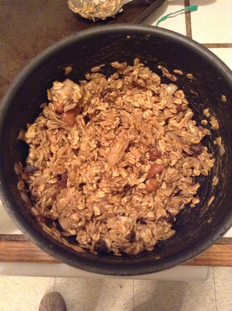 Mix until combined. Mixture will be wet and clumpy. Add more oats if you prefer a drier granola