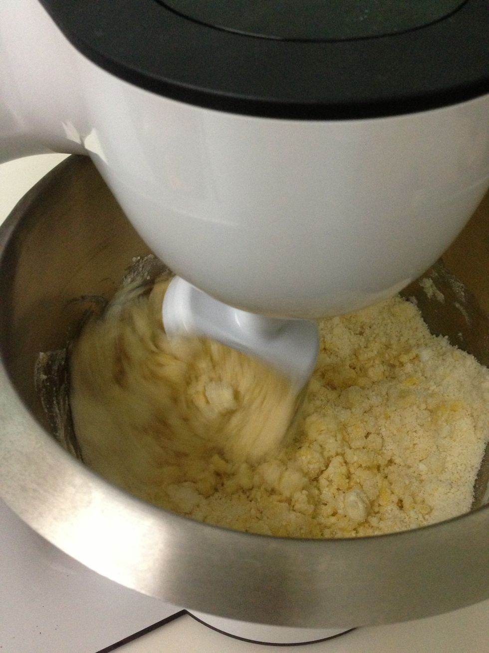 Mix until it looks like fine breadcrumbs. Then add egg and milk until it forms a soft sticky dough