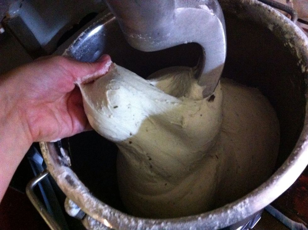 Mix until its a nice elastic dough. A little sticky is good.  Again LOW SPEED I've had a few too many flour explosions.