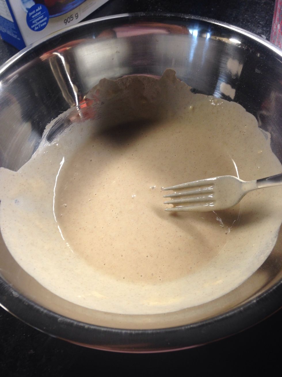 Mix until no lumps. If too watery you can add more pancake mix. Or if too thick, add more water.