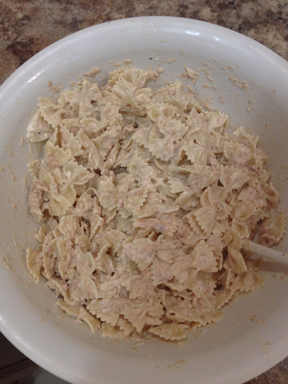 Mix until the tuna and mayo are evenly distributed. The tuna likes to clump together so make sure you break it apart