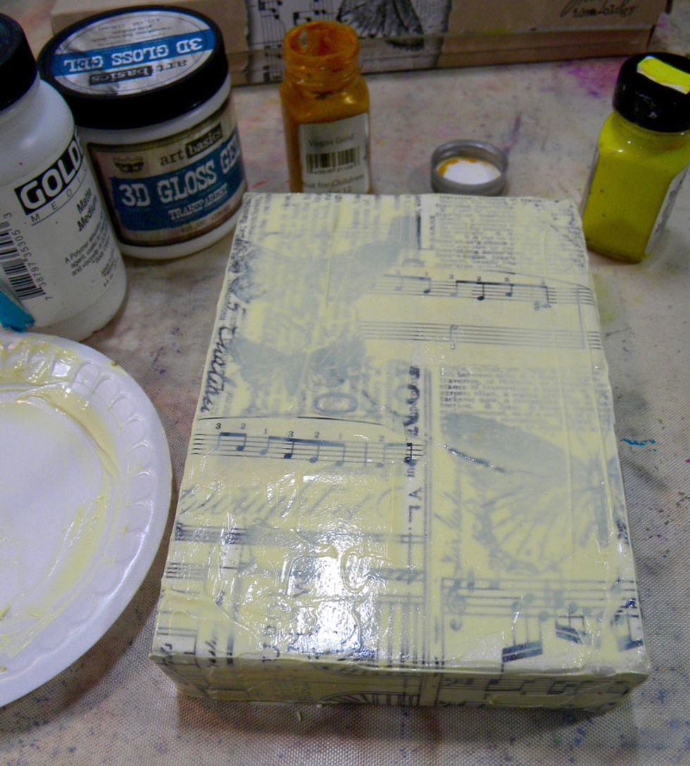 Mix up a good amount of faux encaustic medium and apply liberally using a palette knife. Don't worry about smoothing it out. The texture makes it more interesting. Don't forget the sides. Let dry.