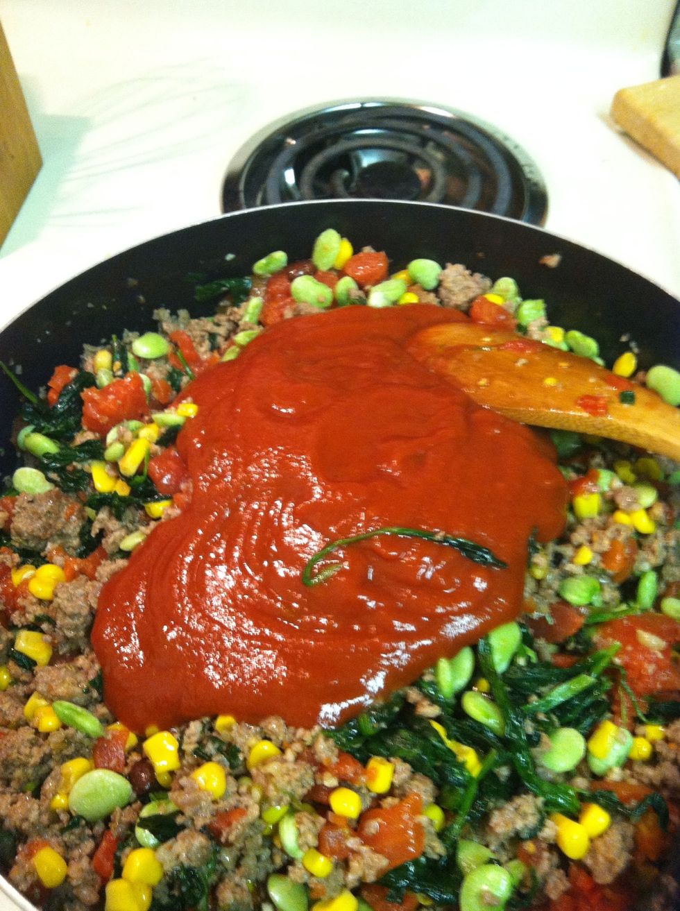 Mix up thoroughly and add sloppy joe sauce. Mixing first will evenly distribute veggies. If you don't like sloppy joe sauce you can use 2 cans of tomato soup instead.