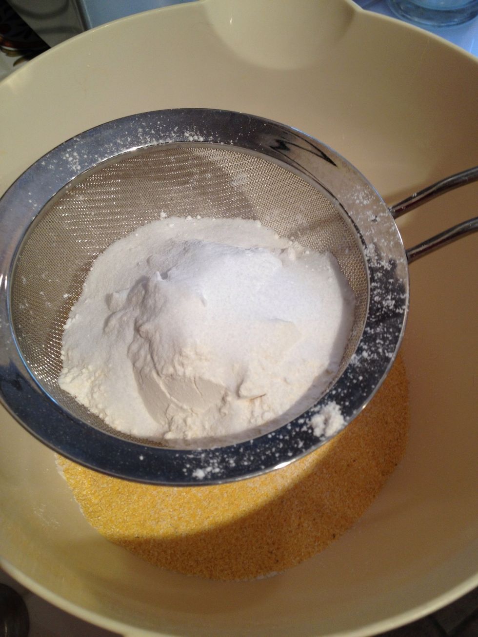 Mix up your favorite corn bread recipe. I doubled the recipe, because my baking pan is very large.
