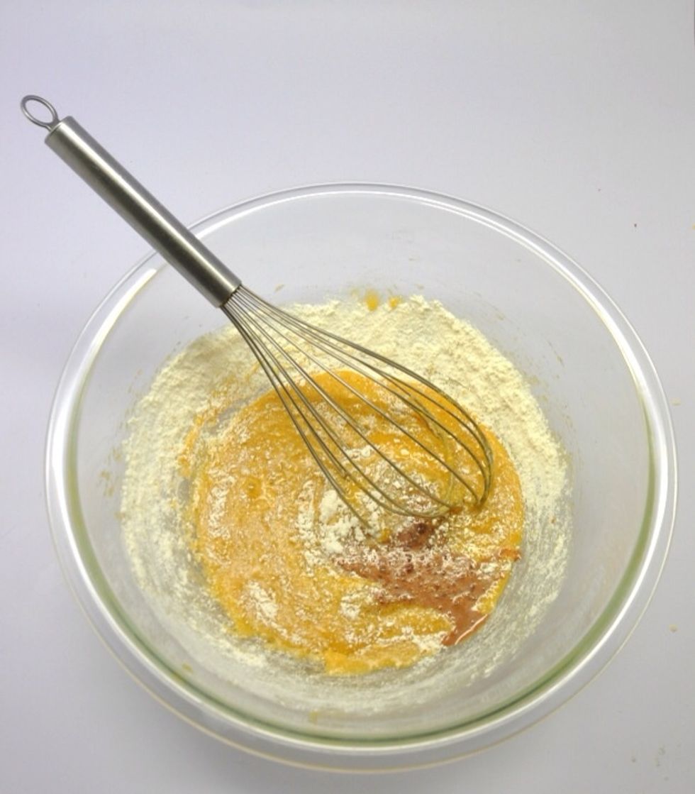 Mix VERY lightly, only to barely incorporate and then add in 1/3 of the milk-yoghurt-cocoa mixture. Repeat this two more times, until all the flour and milk mixture is finished.