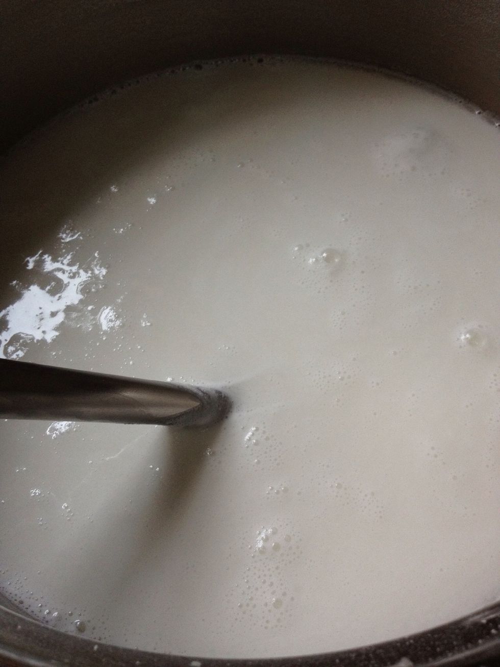 Mix water and rice flour, removing lumps while mixing. Mixture should be smooth in texture like this.