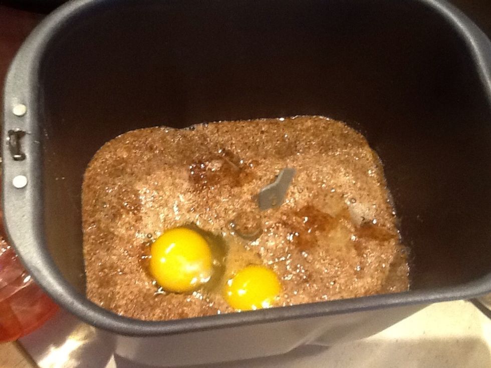 Mix water, eggs, flax, salt, honey and vinegar in bread pan.