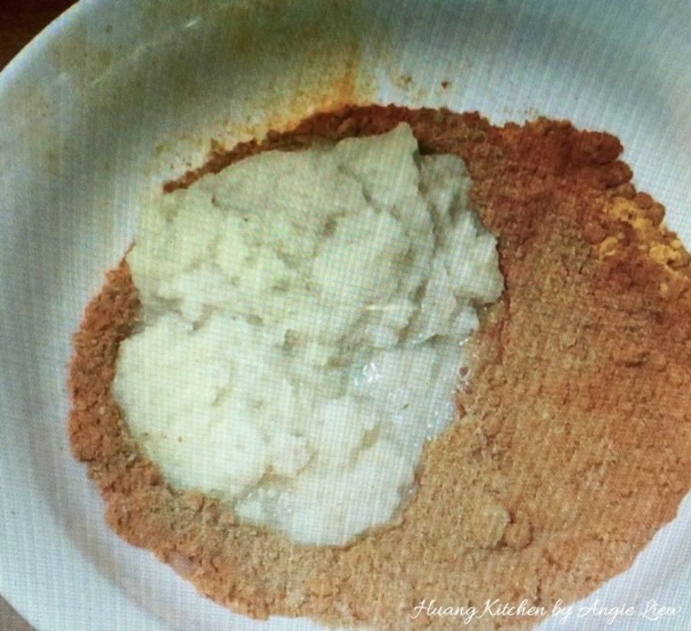 Mix well all coarsely and finely ground spices, chili paste and turmeric powder in a bowl.