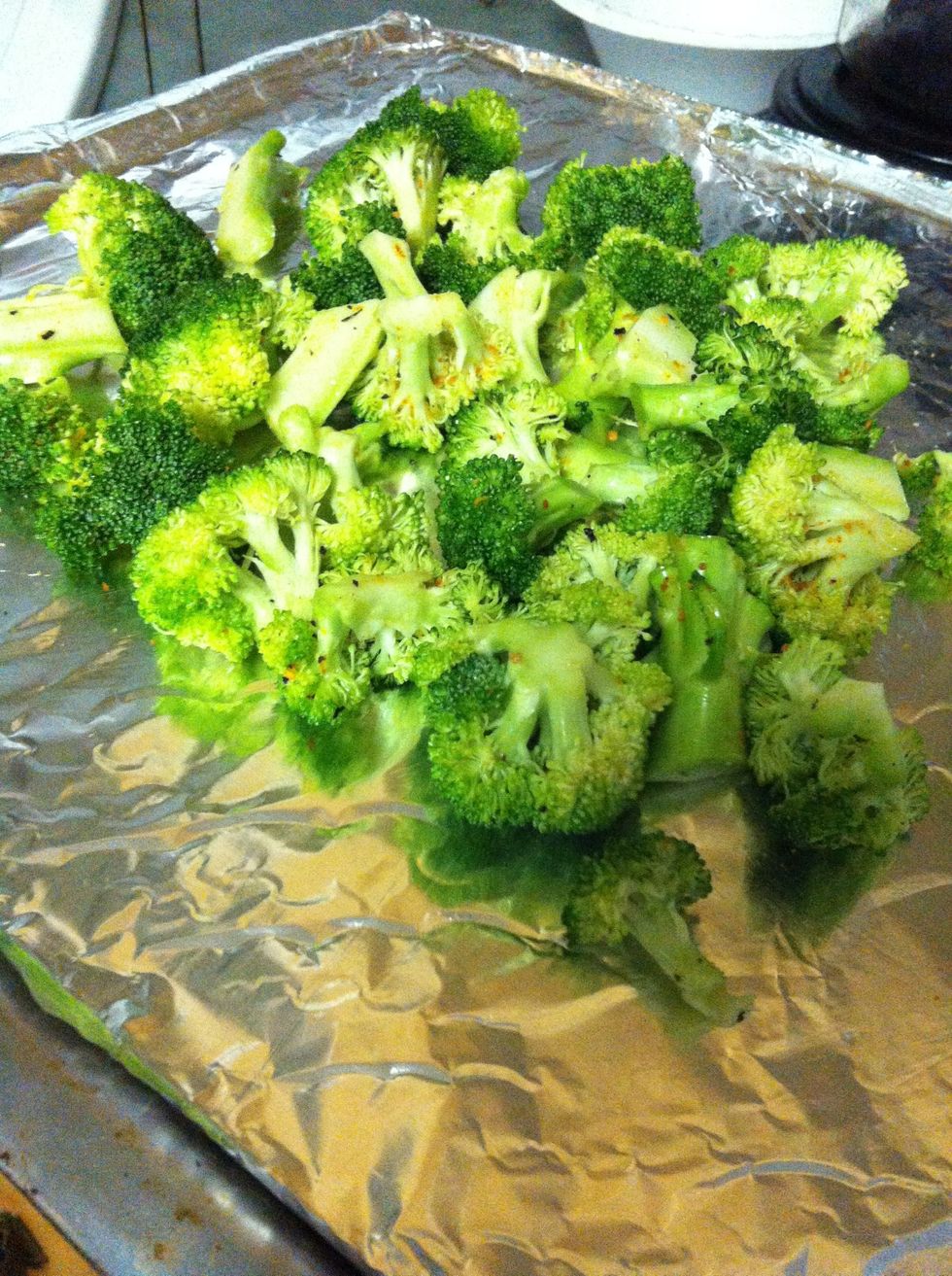 Mix well and place your broccoli onto a baking sheet covered in aluminum foil.