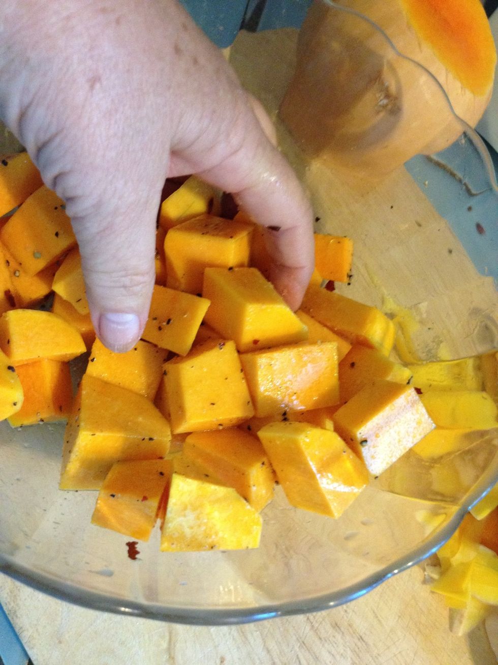 Mix well - go on, use your hands - it's the best way to make sure each piece is coated well.