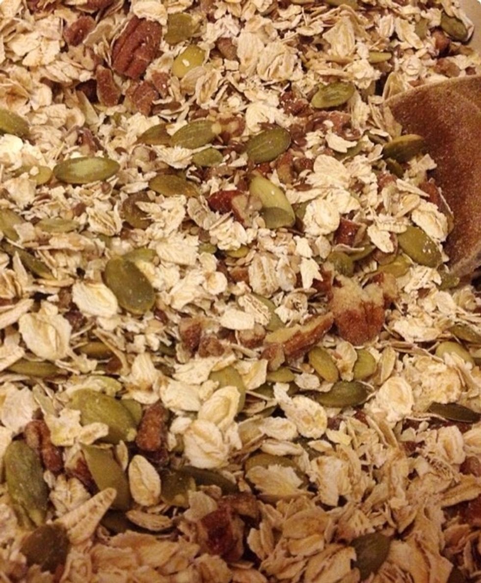 Mix well. I doubled the amount of pumpkin seeds since I had no sunflower seeds. I also added 45 grams extra oatmeal.