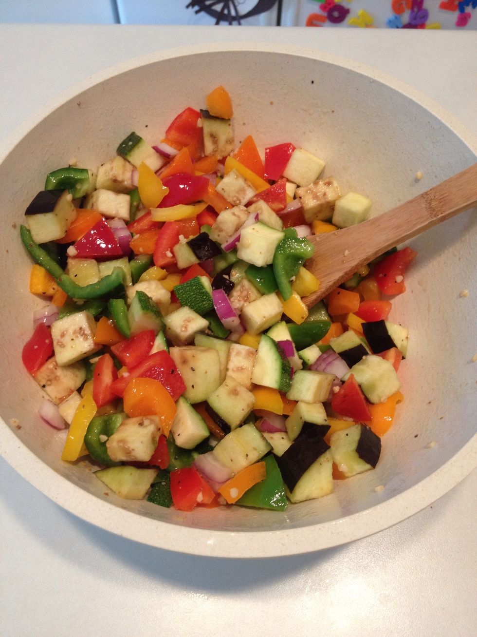 Mix well, making sure all veggies are coated with dressing.