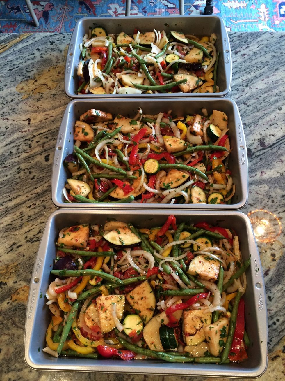 Mix well. Spread in one big roasting pan or 2 or 3 smaller pans. Make sure you don't crowd the vegetables. Ideally they should lay flat in a single layer not higher than 1.5 inches.