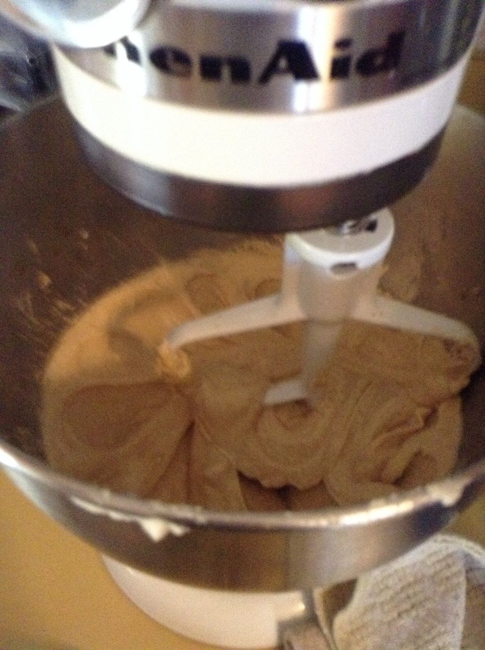 Mix wet ingredients + the brown sugar and the white sugar in a bowl on medium speed for 3 minutes