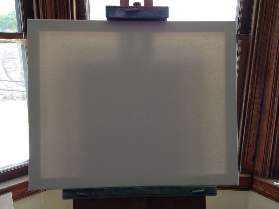 Mix white, thinner, and a touch of black to make a runny light gray. Prime the entire canvas with a THIN even coat. This will allow all the other colors to blend as you paint.
