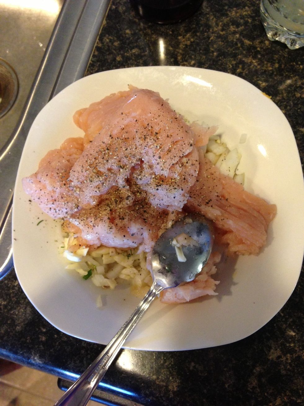 Mix with ground chicken and bread crumbs