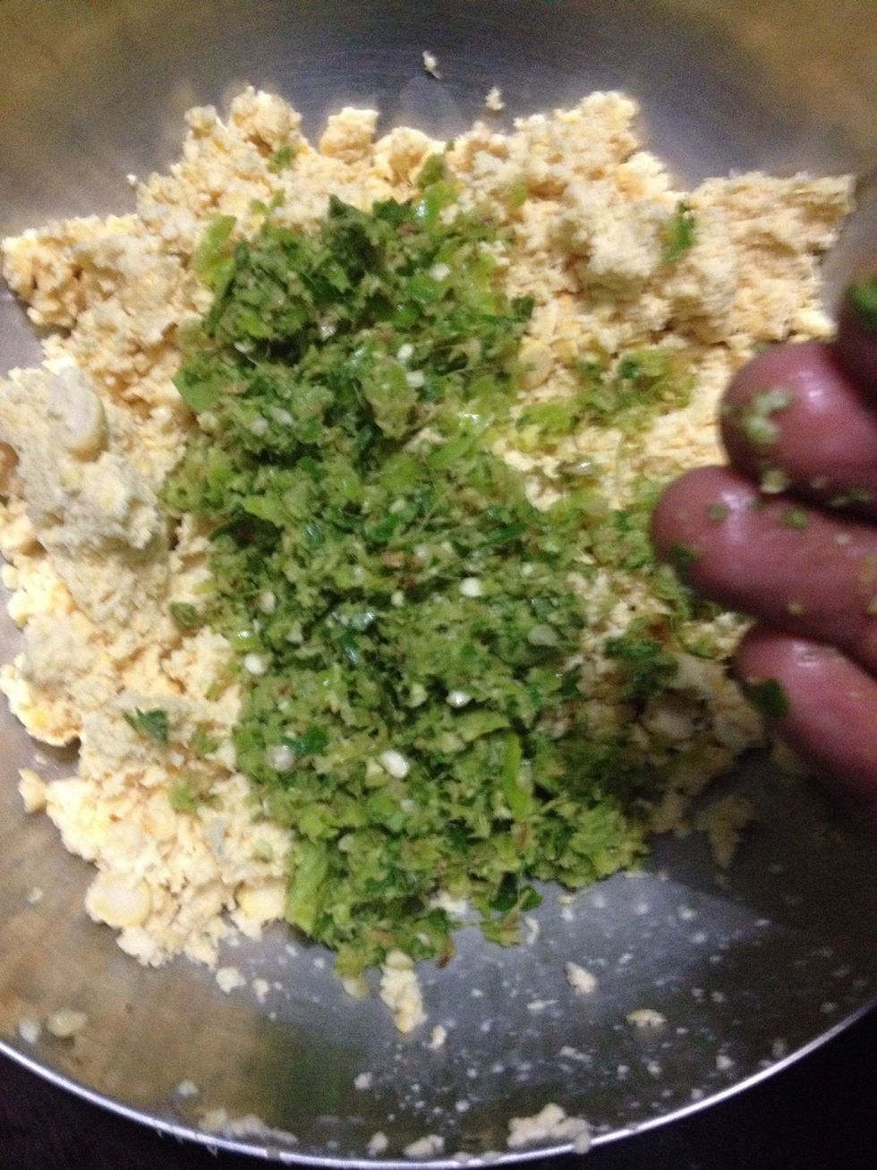 Mix with the grinded chana dal and this chilli mix