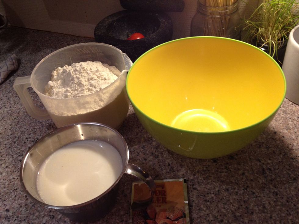 Mix yeast into the cold milk and add flour until you have a slightly sticky dough. You should be able to knead it but it will stick to your hands.