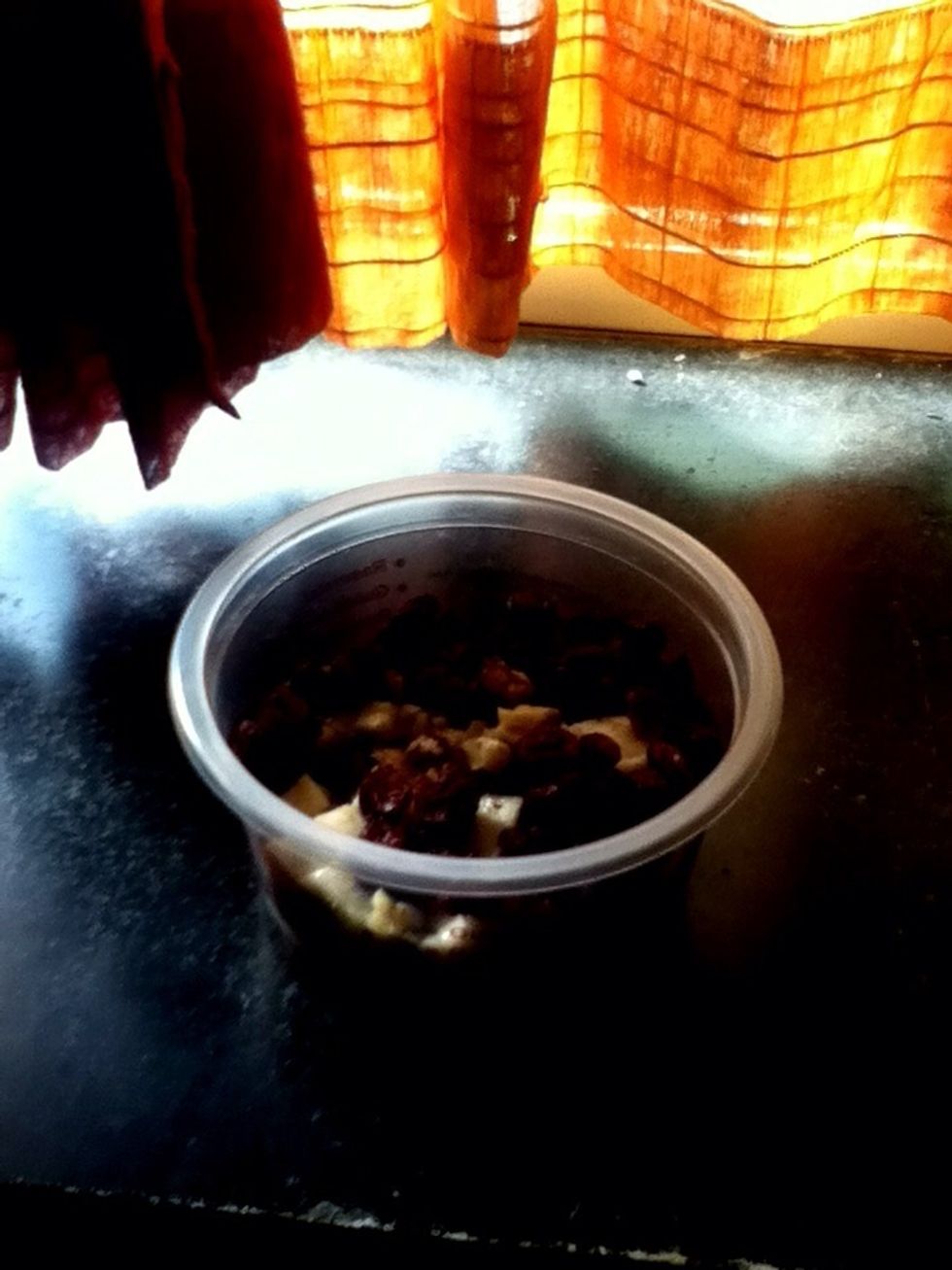 Mix your choice of fruits in a small bowl. I mixed dried cranberries, walnuts and bananas