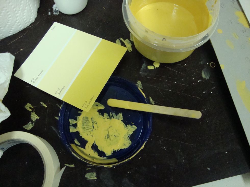 Mix your colors based on the paint samples selected for uniformity. I started with a primary yellow and added brown, red and white until I achieved the desired color.