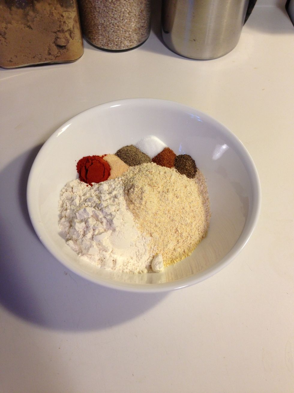 Mix your dried ingredients together in a large bowl that has a wide top. The wide top will be important when we get to the dredge step.