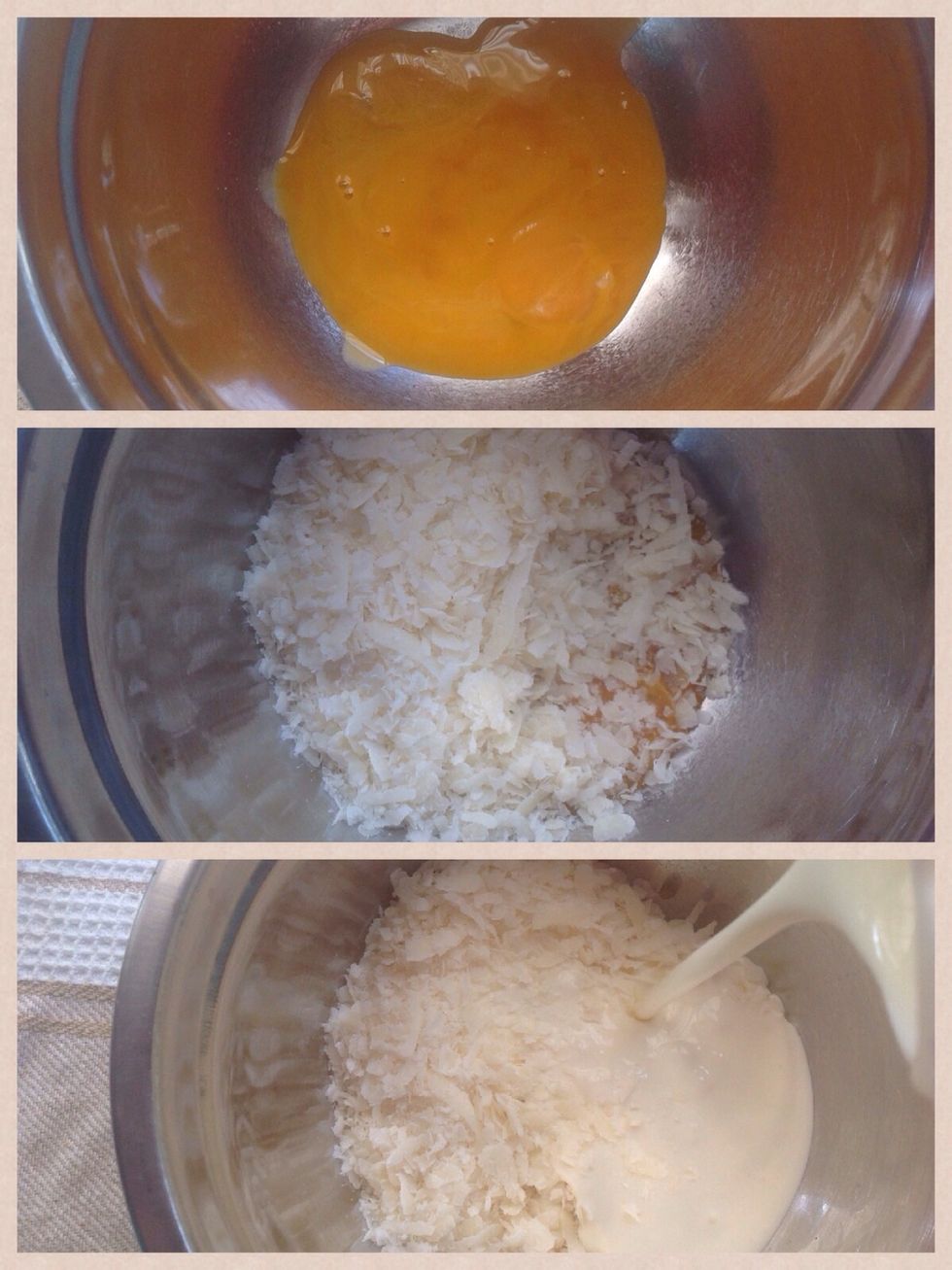 Mix your egg yolks, cheese and cream.