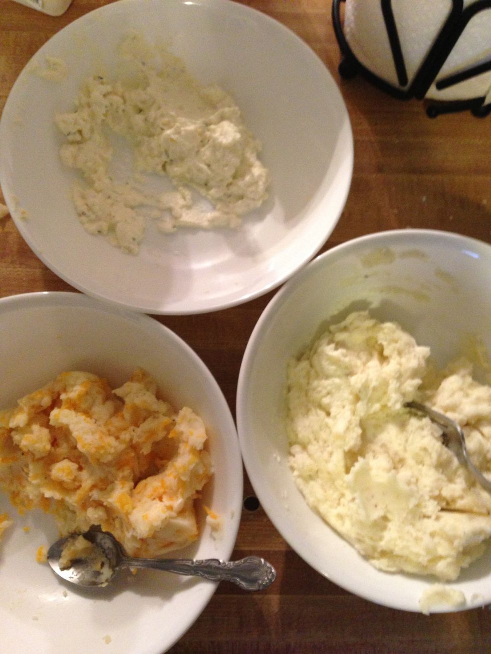 Mix your fillings! I used: mashed potatoes and cheddar cheese, ricotta with lemon and thyme, and a plain ricotta cheese. Be liberal with the salt, pepper and seasonings!
