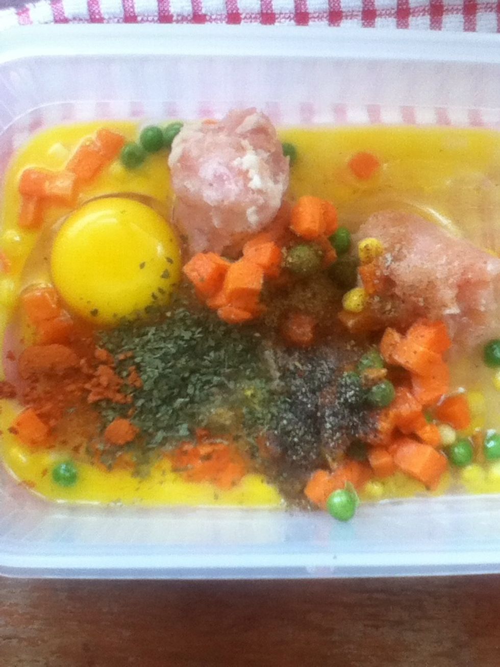 Mixed all of them  in a bowl or a tupperware like mine except the butter and bread. Don't forget to crack your eggs..LOL \ud83d\ude04