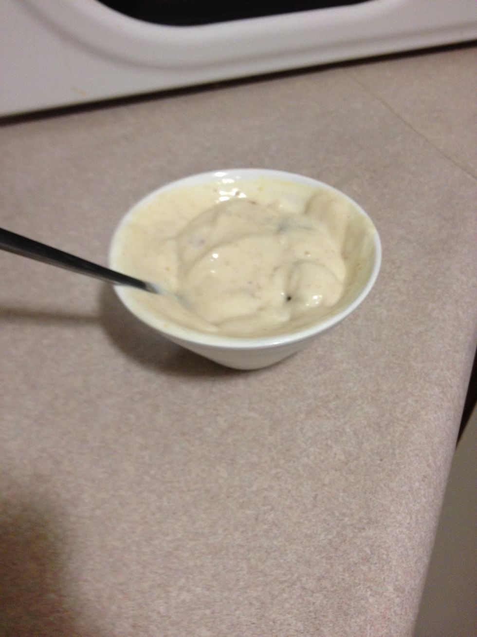 Mixed sour cream, minced garlic, hot sauce and mango chutney.... add more hot sauce if you like it spicy