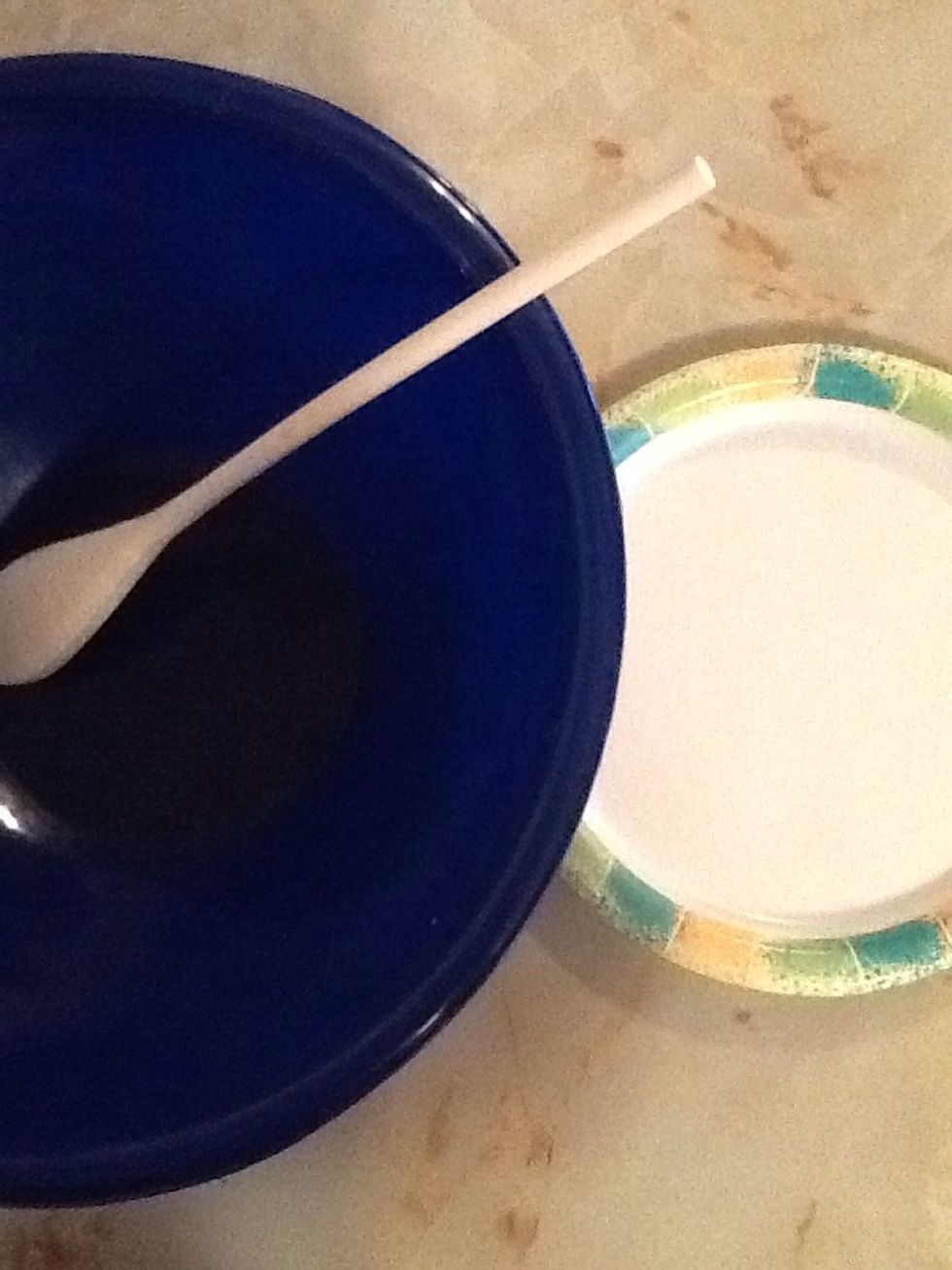 Mixing bowl, spoon, and plate