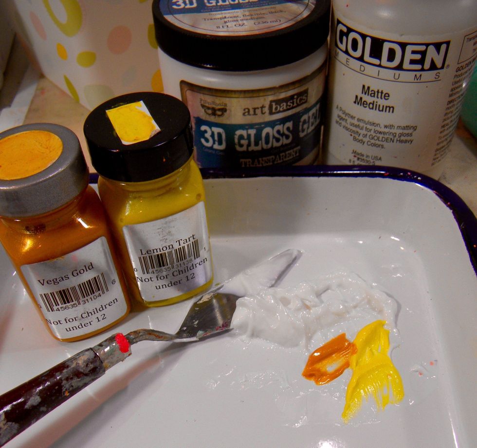 Mixing equal parts of gloss and matte mediums gave me that satin finish. Adding a small amount of Vegas Gold Sorbet and Lemon Tart Velvet tinted it enough to make it look more like real wax.