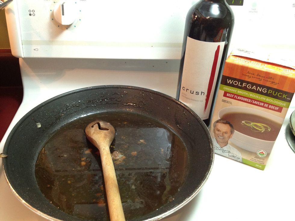 Mixing together the beef drippings, red wine and beef broth, boil these things in a pan and constantly stir to create a reduction sauce. *you'll know it's done when the sauce gets thick